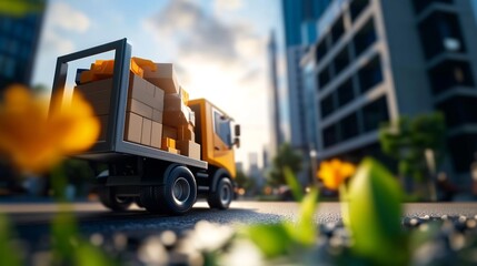 Delivery Truck in City, Packages and Boxes on Board