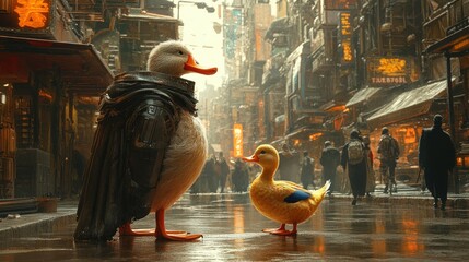 A duck in a cloak stands beside a small rubber duck in a bustling, neon-lit city street.