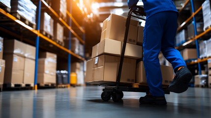 Obraz premium Warehouse Worker Transporting Cardboard Boxes on a Hand Truck