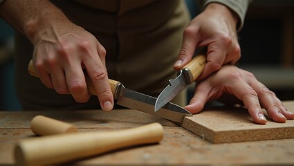 Person working with wood, hammering a dowel into a board, craftsmanship, close-up hands. Generative, AI,