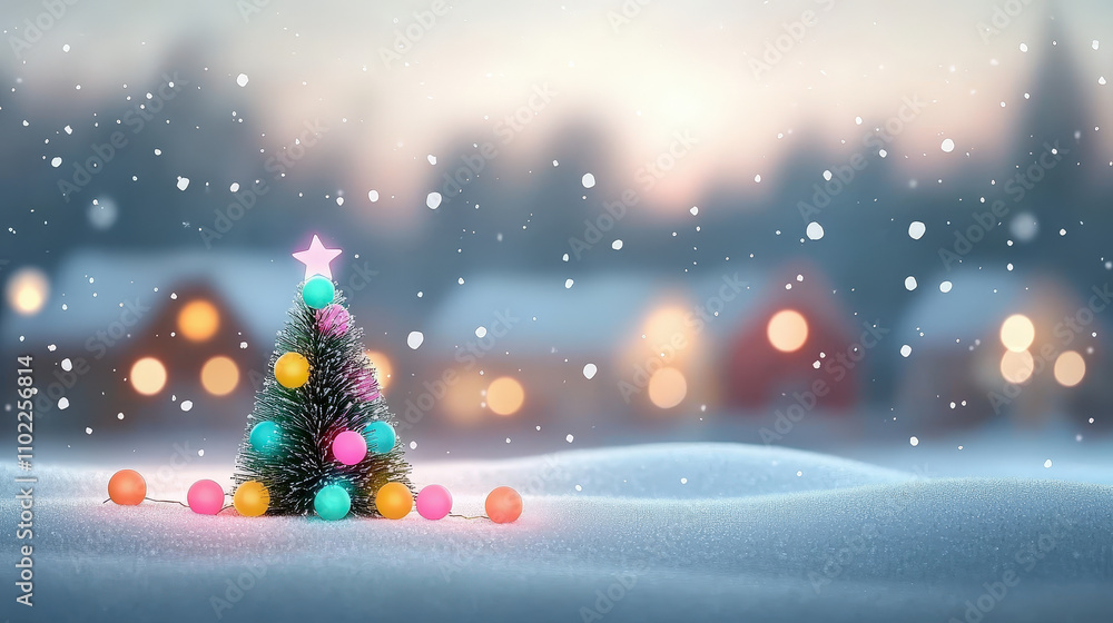 Poster a small christmas tree adorned with colorful lights stands in a snowy field, while cozy homes are so