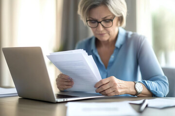 Older woman with serious expression read document sitting at desk with laptop, dealing with important paperwork, managing finances or health-related issues, learn written information looks concerned