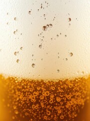 Close-up shot of a frosty and bubbly pint glass, showcasing the smooth and frothy texture, refreshment, alcohol