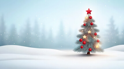 Obraz premium A beautifully decorated Christmas tree stands amidst a serene snowy landscape, showcasing red ornaments and twinkling lights