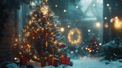 Christmas background. Snow, trees and decorations. New Year.