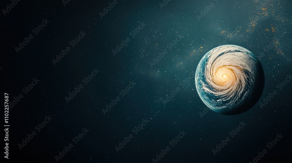 Poster a composite image of earth from space with a superimposed image of a spiral galaxy, highlighting the