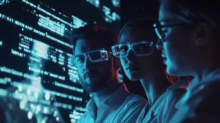 Team of three collaborating on a technology project with digital displays in an innovative workspace