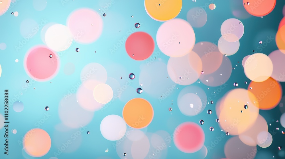 Poster an experimental photograph of oil and water droplets suspended in motion, illuminated with colored l