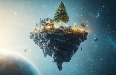 Magical Floating Island in Space with Christmas Tree