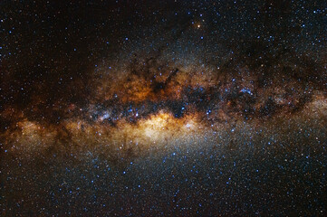 Spectacular Orange Yellow Milky Way Galactic Core Region Illuminating the Night Sky Captured with Detailed Star Fields and Dust Clouds Night Photography