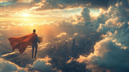 Obraz premium A figure in a cape holds a box, soaring above a cityscape amidst vibrant clouds at sunset.