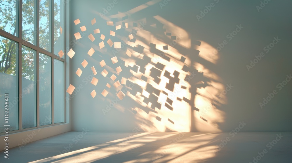 Poster a beam of sunlight streaming through a window, casting dramatic shadows of objects onto a wall, crea