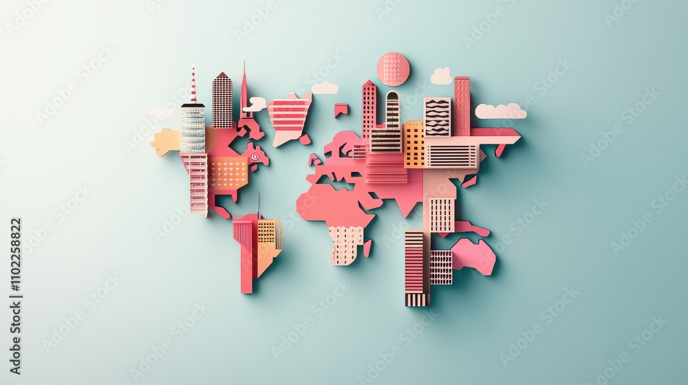 Poster an abstract world map composed of colorful geometric shapes, representing global interconnectedness 