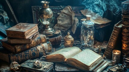 Vintage still life with antique books and ornate decorations