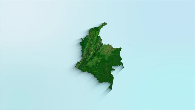 Colombia animated map showing regions forming the country with a physical map background and a chroma key alpha channel.