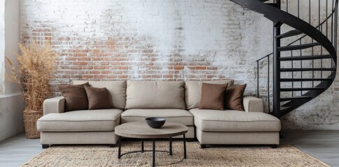 Couch in an old-fashioned brick loft apartment