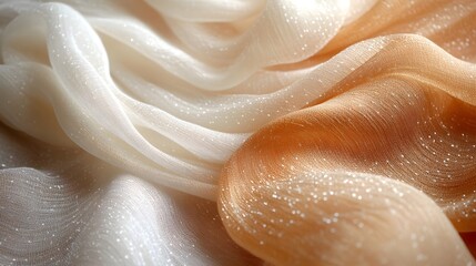Obraz premium Flowing fabrics in soft cream and peach tones, enhanced with delicate shimmering accents. The fine, gauzy texture and gentle folds create an elegant and ethereal composition.