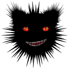 cheerful black monster with red eyes and bared mouth