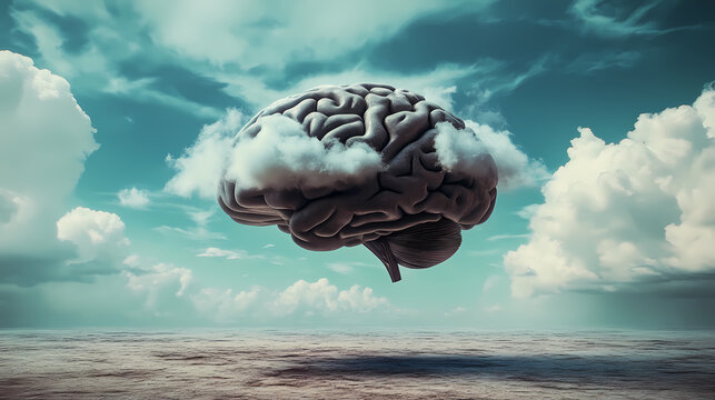 Surreal brain landscape with clouds conceptualizing the vastness of human imagination and creativity. Phantasmagoric. Illustration