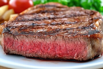 Juicy Cooked Steak on Plate Surrounded by Fresh Vegetables Presenting a Delicious Gourmet Meal Ideal for Food Lovers and Culinary Enthusiasts
