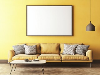 3D render of a living room scene with a yellow bohemian sofa and a mockup poster