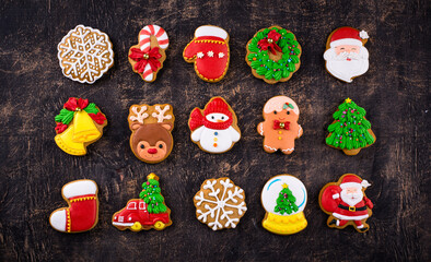 Christmas homemade gingerbread cookies with icing