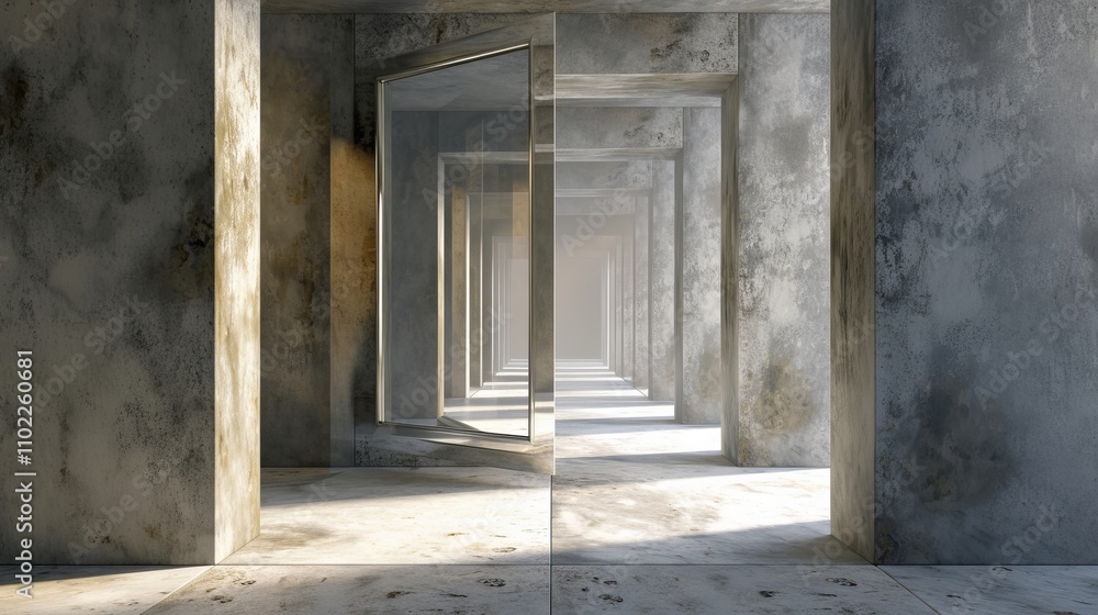 Poster a striking concrete corridor with a series of open doors, creating a symmetrical pattern. the reflec