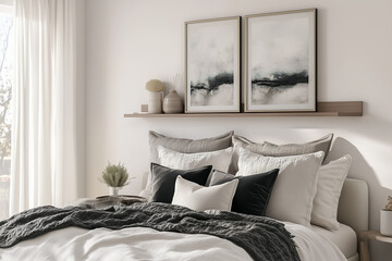 Bedroom with two wall art frames on shelf on the wall above the bed