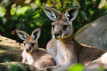 Fototapeta premium Kangaroo With Joey. Brown Adult Kangaroo Carrying Baby Joey in Isolated Setting