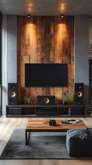 Modern Home Theater Setup With Wooden Wall And Floor Speakers