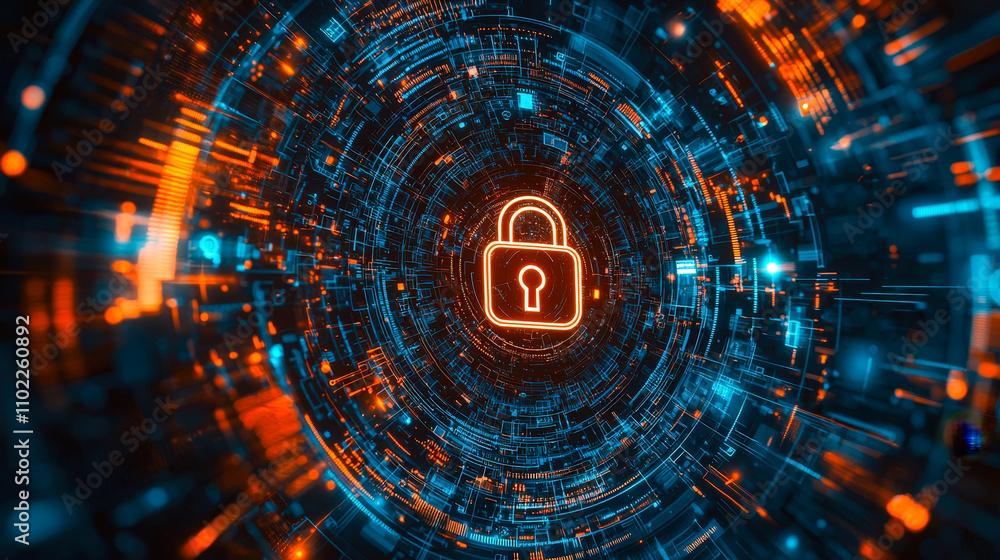 Aufkleber a vibrant digital environment displays a lock symbol at the center, with swirling blue and orange da
