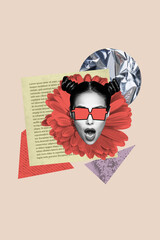 Vertical photo collage of astonished girl open mouth text page book gerbera flower bloom wear sunglass isolated on painted background