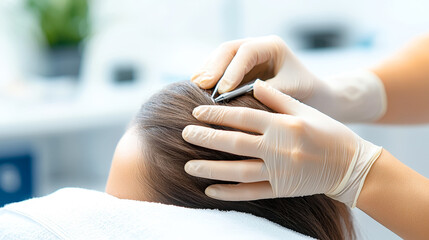 A client receives a hair treatment as a professional carefully applies serum with gloved hands in a modern salon environment