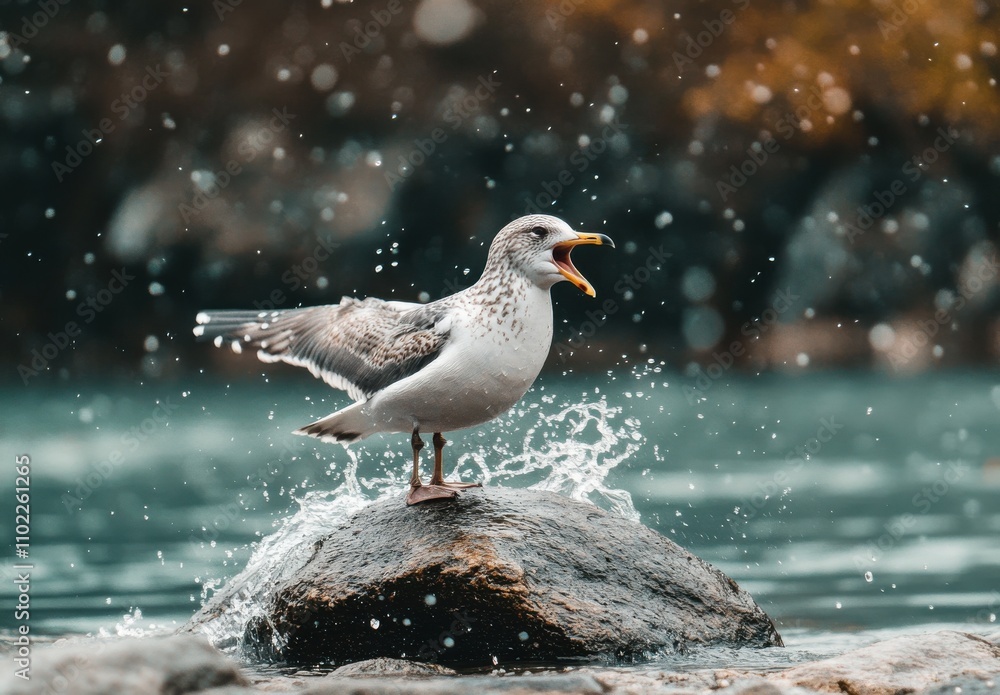 Poster seagull on rock with open beak splashing water in nature scene, surrounded by softly blurred backgro