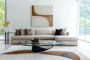 contemporary living space, modern living room with beige sofa, glass table, geometric rug, and plenty of natural light from floor-to-ceiling windows