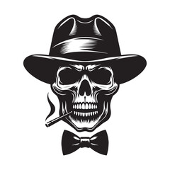 Scary skull wearing a hat silhouette vector art black color design and solid white background 