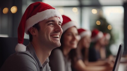 Office workers in Santa Claus's hats in the office. New Year's background. Merry Christmas greetings. The team is working. Corporate.