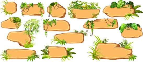 Game panels in jungle style with liana branches and leaves, ivy. Set isolated wooden elements, boards for covers, applications, notebooks, mobile games. Vector signboards with space for text.