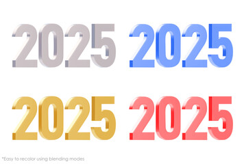 Set of 3D elegant and modern numbers 2025. A variation of different colors. Easy to recolor using blending modes. New Year decorative element. Vector illustration isolated on white background