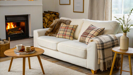 As like Beige sofa with plaid and fur cushion against of fireplace. Scandinavian interior design of modern living room.