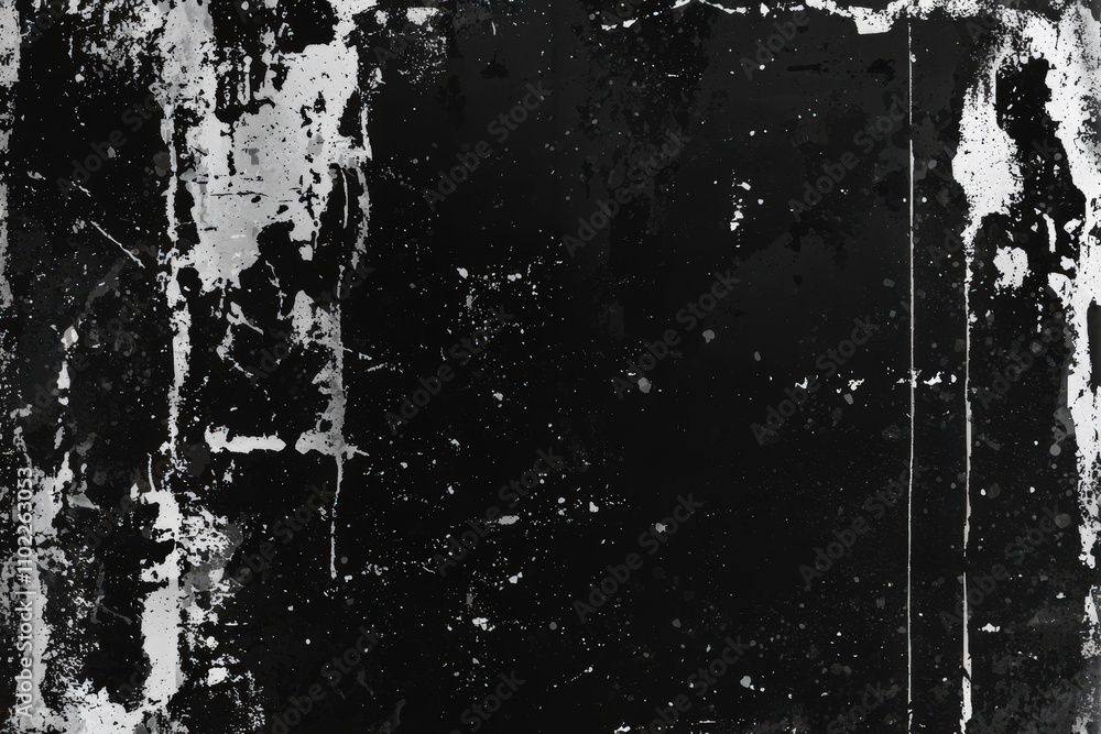 Poster textured surface with a combination of black and white hues featuring abstract patterns. The worn-out appearance reflects its age and weathering
