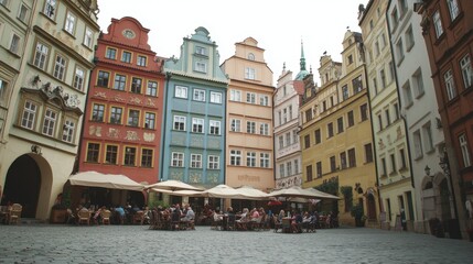 Obraz premium Charming Old Town Square with Colorful Historic Buildings and Outdoor Cafes