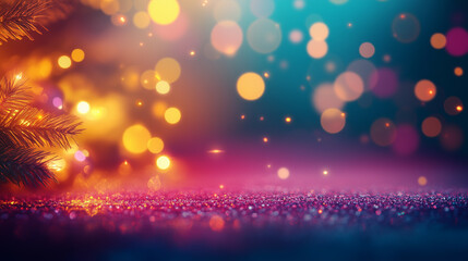 Obraz premium Purple Christmas background with pine, bokeh effect and space for text