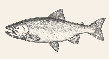 Salmon fish, seafood, sketch. Vintage retro print, seafood salmon fish sketch, sea life, ink pencil style drawing engrave old school sketch, hand drawn. Sketch artwork salmon fish. Vector Illustration