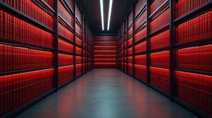 Fototapeta premium A dimly lit corridor lined with red shelves filled with books, creating a futuristic and mysterious atmosphere.