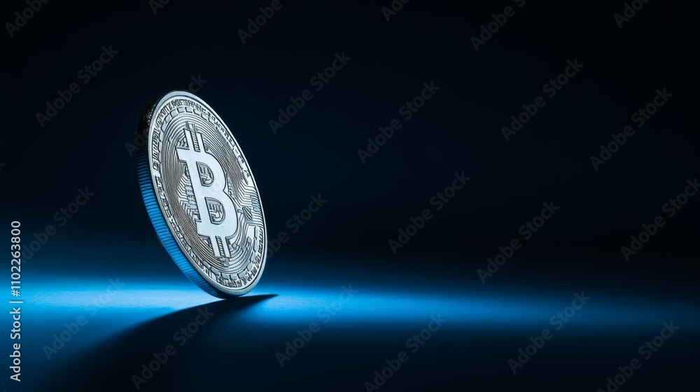 Poster Silver bitcoin standing on edge with dramatic blue light on dark background representing cryptocurrency and blockchain technology