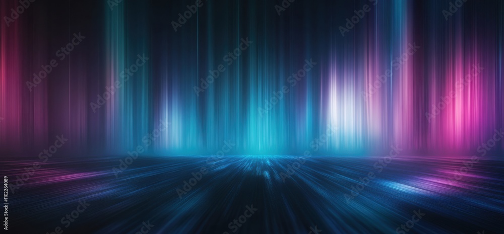 Poster neon blue and purple shapes in a futuristic sci-fi style on a black background with reflective concr