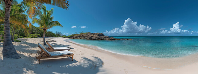 Beautiful Tropical Beach With Two Sun Loungers And Palm Trees: White Sand, Turquoise Water, And A Clear Blue Sky Create A Serene Paradise