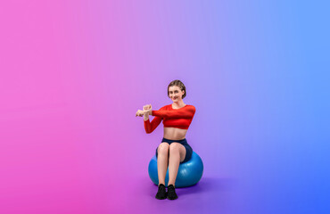 Full body length gaiety shot athletic and sporty young woman with fitness exercising ball in standing posture on isolated background. Healthy active and body care lifestyle.