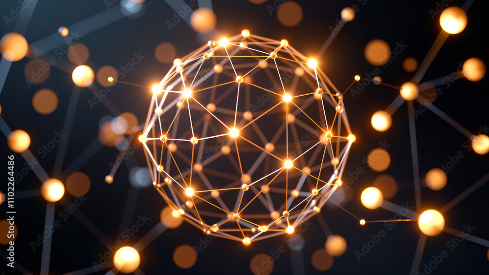 Poster abstract glowing spherical network with interconnected nodes and bright orange highlights